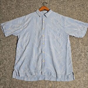 Tommy Bahama Shirt Mens Large Blue Silk Hawaiian Leaf Print Button Up Camp